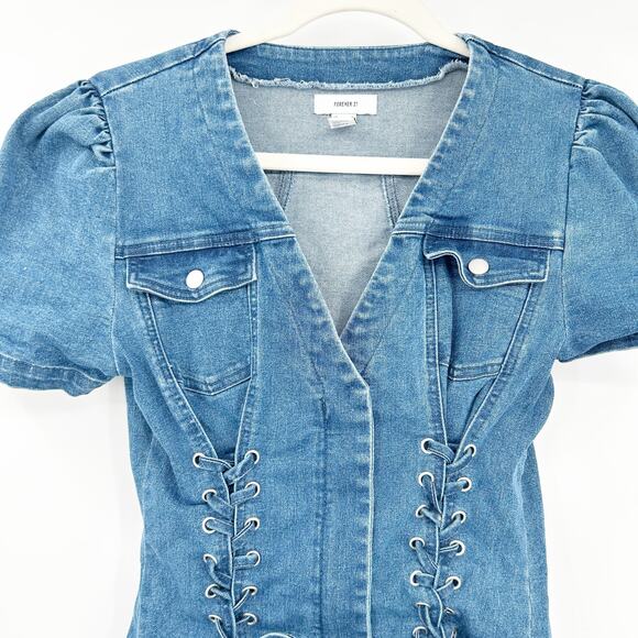 Forever‎ 21 Womens Front Zip Puff Sleeve Lace Up Denim Mini Dress Size M Blue - Picture 3 of 9